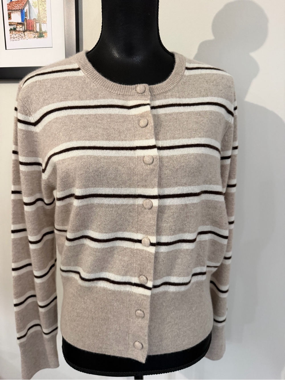 NWT Wilt Women’s 100% Cashmere Beige Striped Button-Front Cardigan L